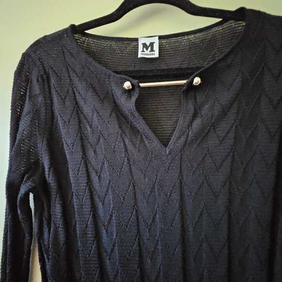 M Missoni Wool Blend Dress 40/S Black Signature Pattern LS V Neck Bar Clasp Midi - Picture 2 of 16